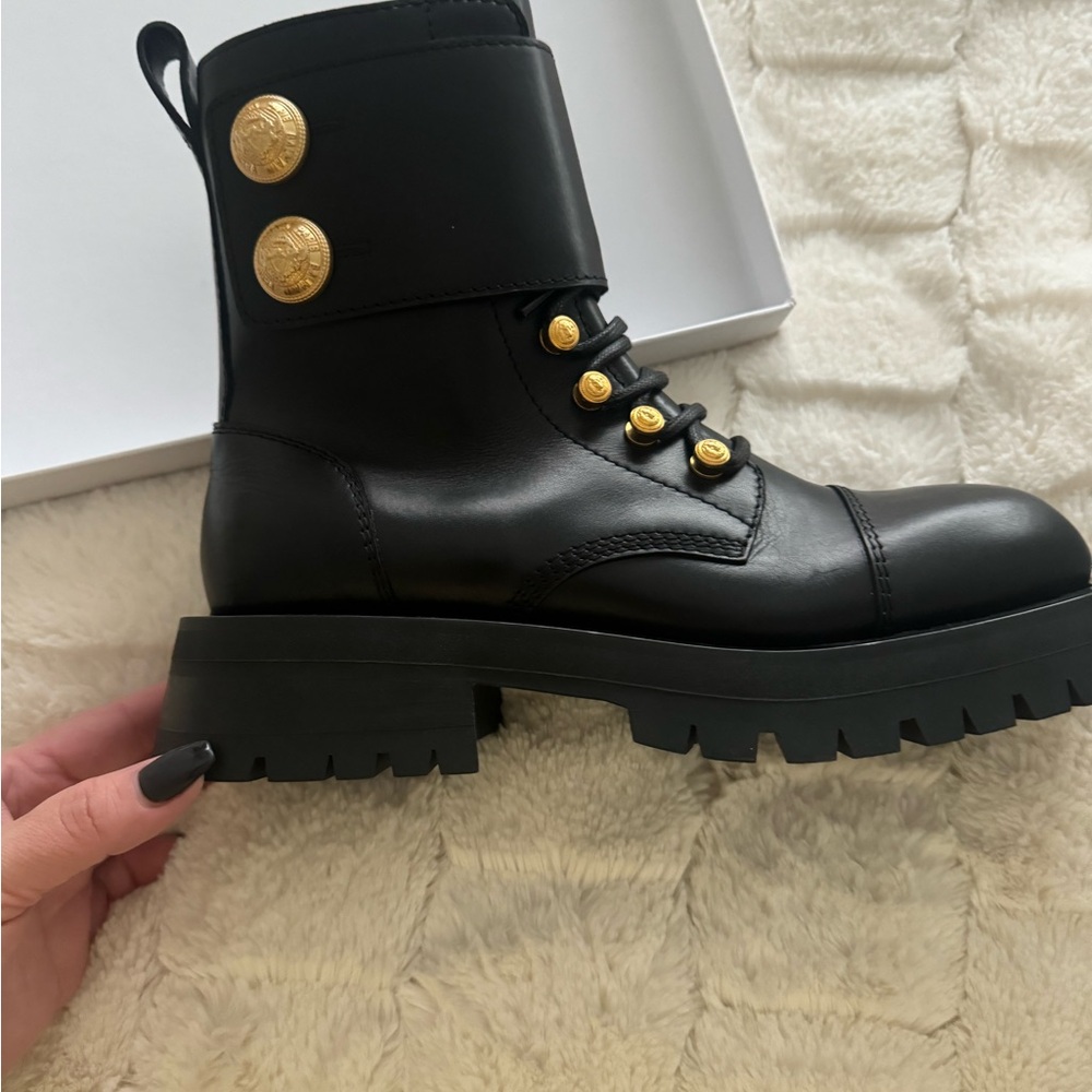 Original Balmain black Leather Ankle Boots with Gold Accents